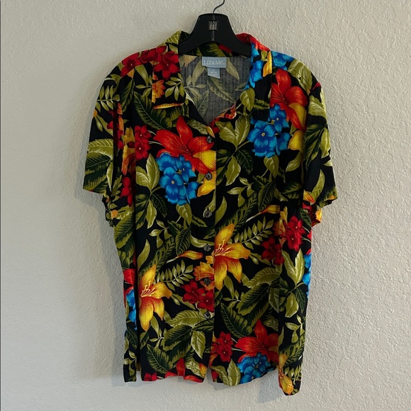 Liz & Me Tropical Floral Button Down Shirt - Black, Red, Blue, Yellow - Picture 1 of 4